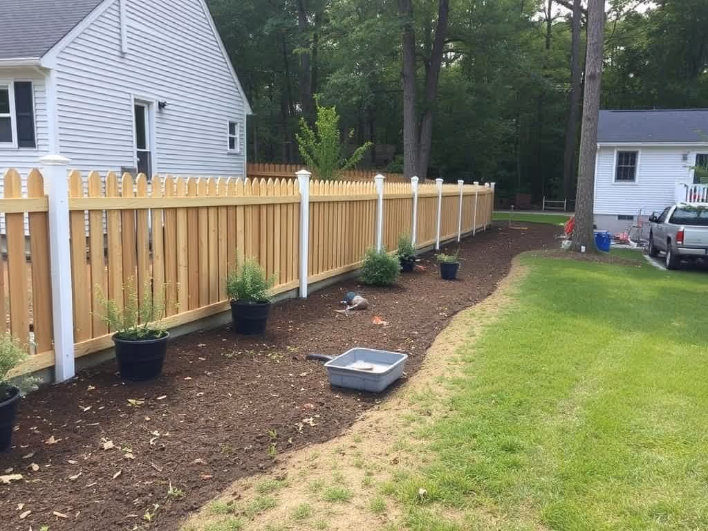 Backyard with newly planted shrubs in pots along a wooden fence beside a lawn and two houses.
