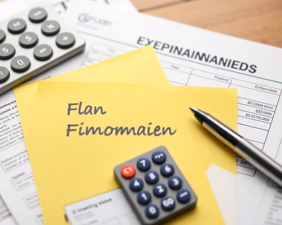 Calculator, pen, and yellow sticky notes with handwritten text on financial documents.