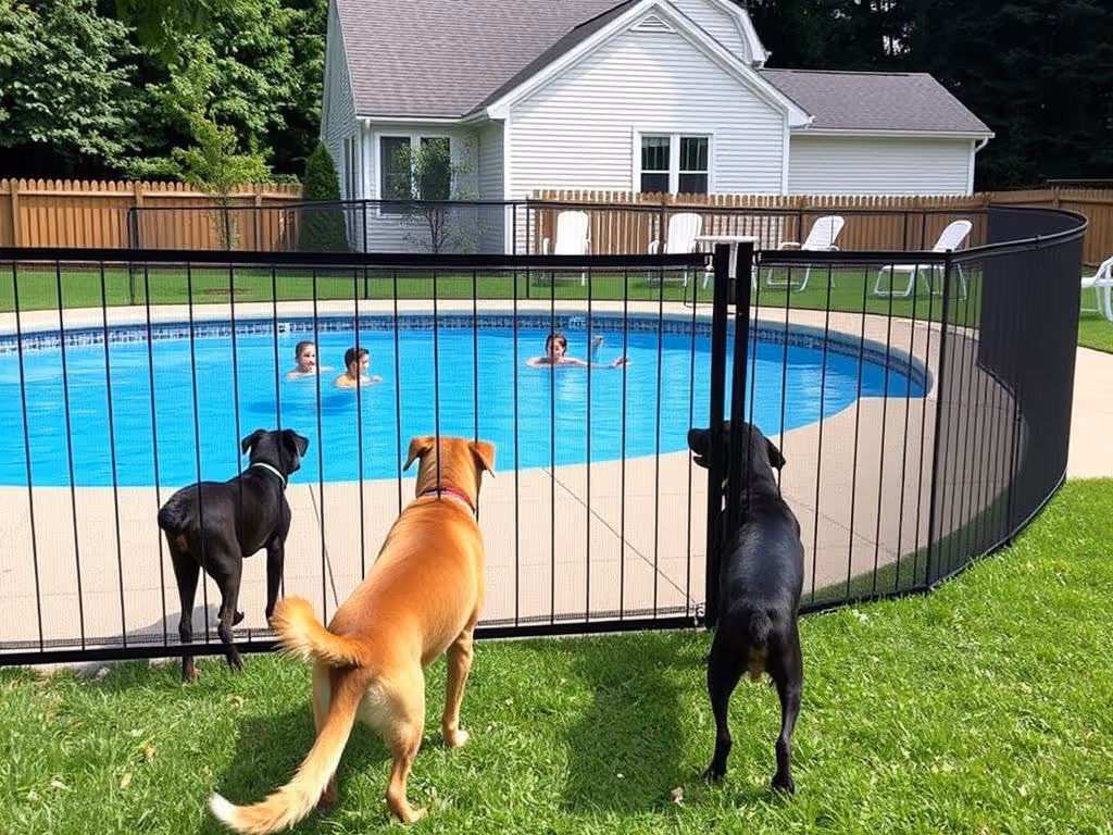Dogs by pool fence