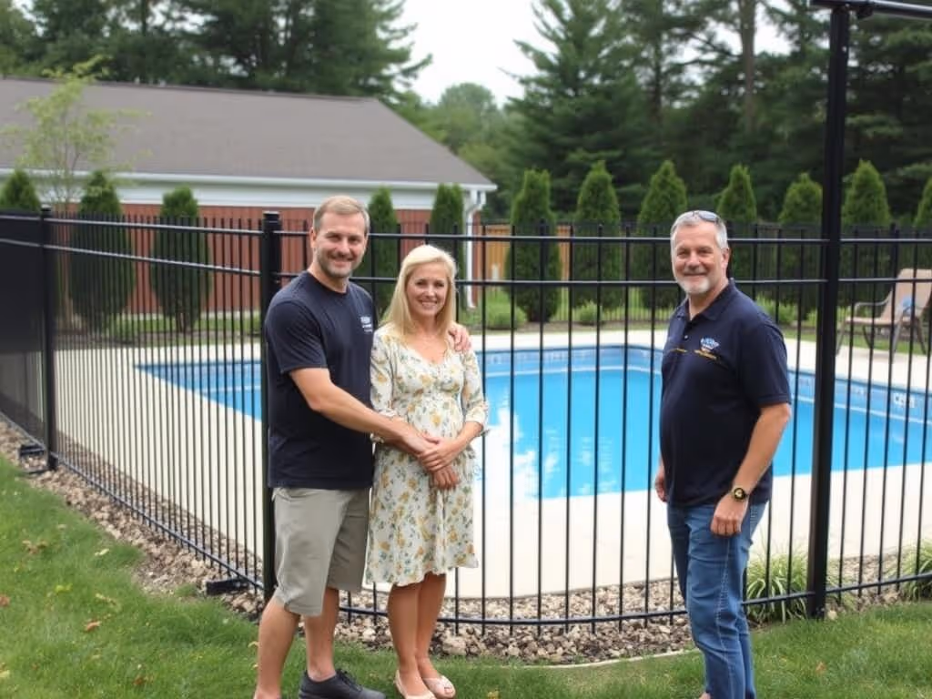Three people stand smiling in front of a fenced backyard pool on a grassy lawn.