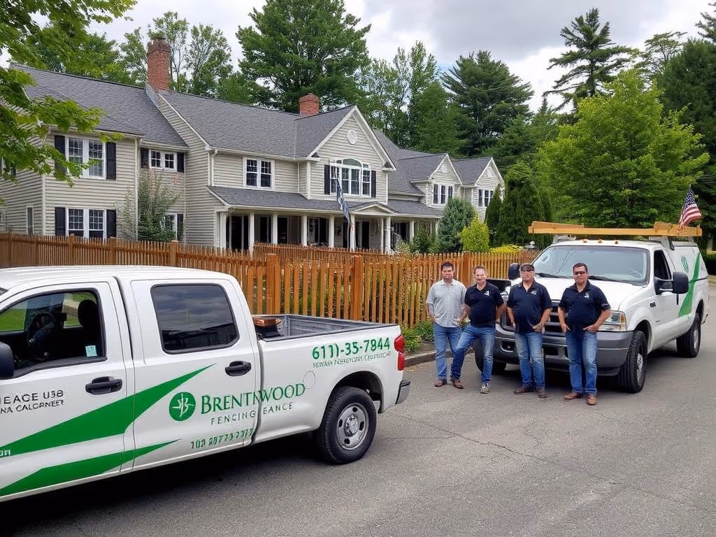 Four men standing between two trucks with Brentwood Fencing logos in front of a house and wooden fence.