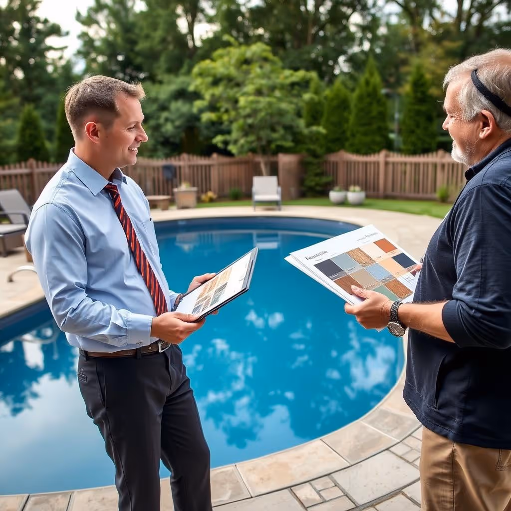 Two men by a backyard pool discussing color samples on clipboards.