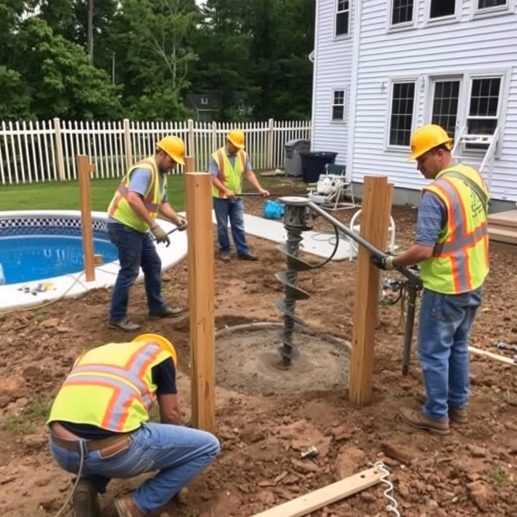 Construction workers wearing safety vests and helmets drilling holes in ground near a backyard pool.