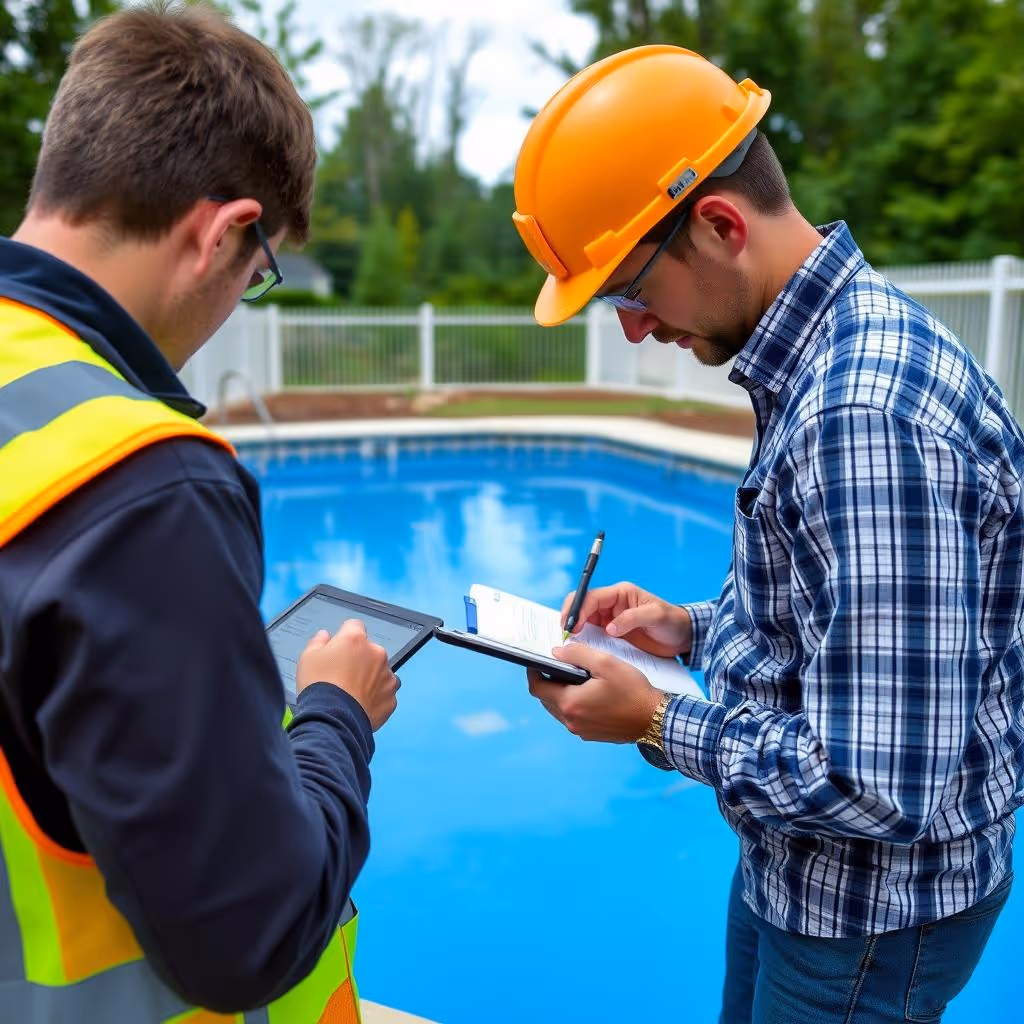 Two men at poolside, one in hard hat writing on clipboard, other checking tablet device.