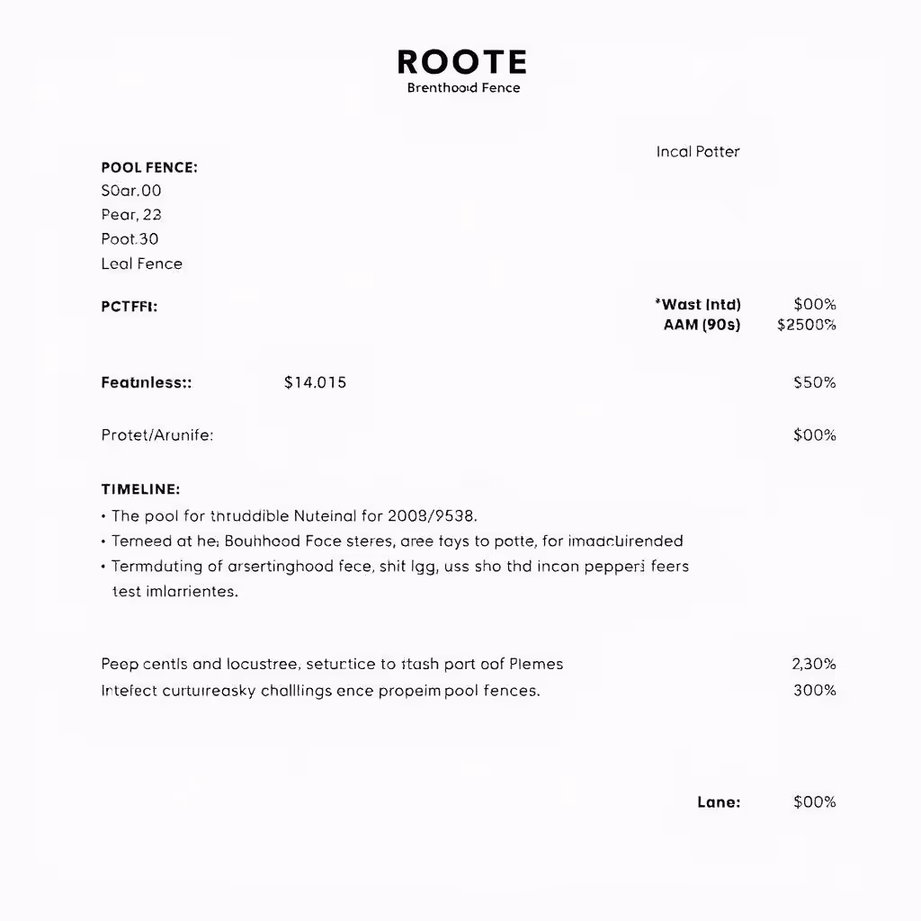 Document with text titled ROOTE Brenthood Fence listing pool fence details, timeline, and percentages.