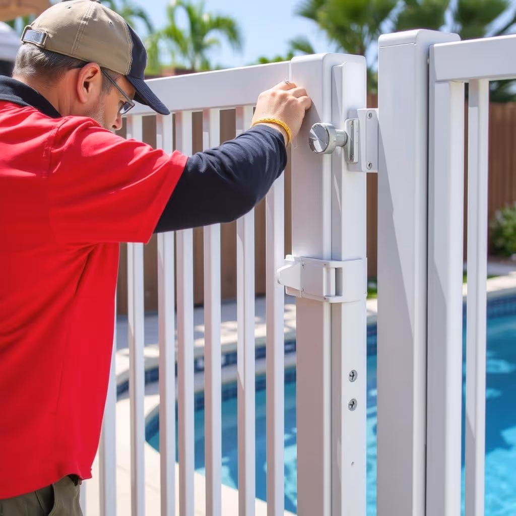 Man in red shirt and cap installing or inspecting white pool safety fence gate near a swimming pool.