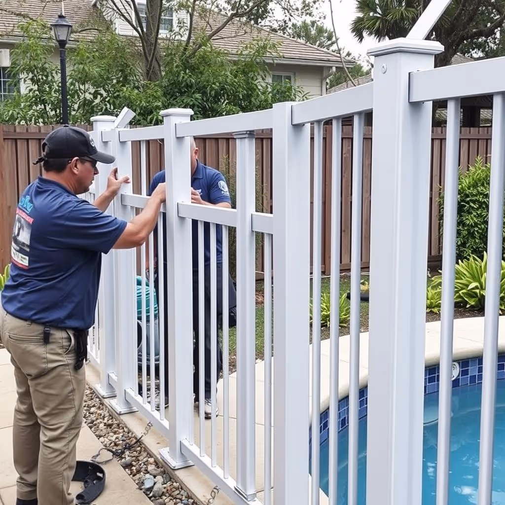 Two workers installing a white safety fence around a backyard swimming pool.