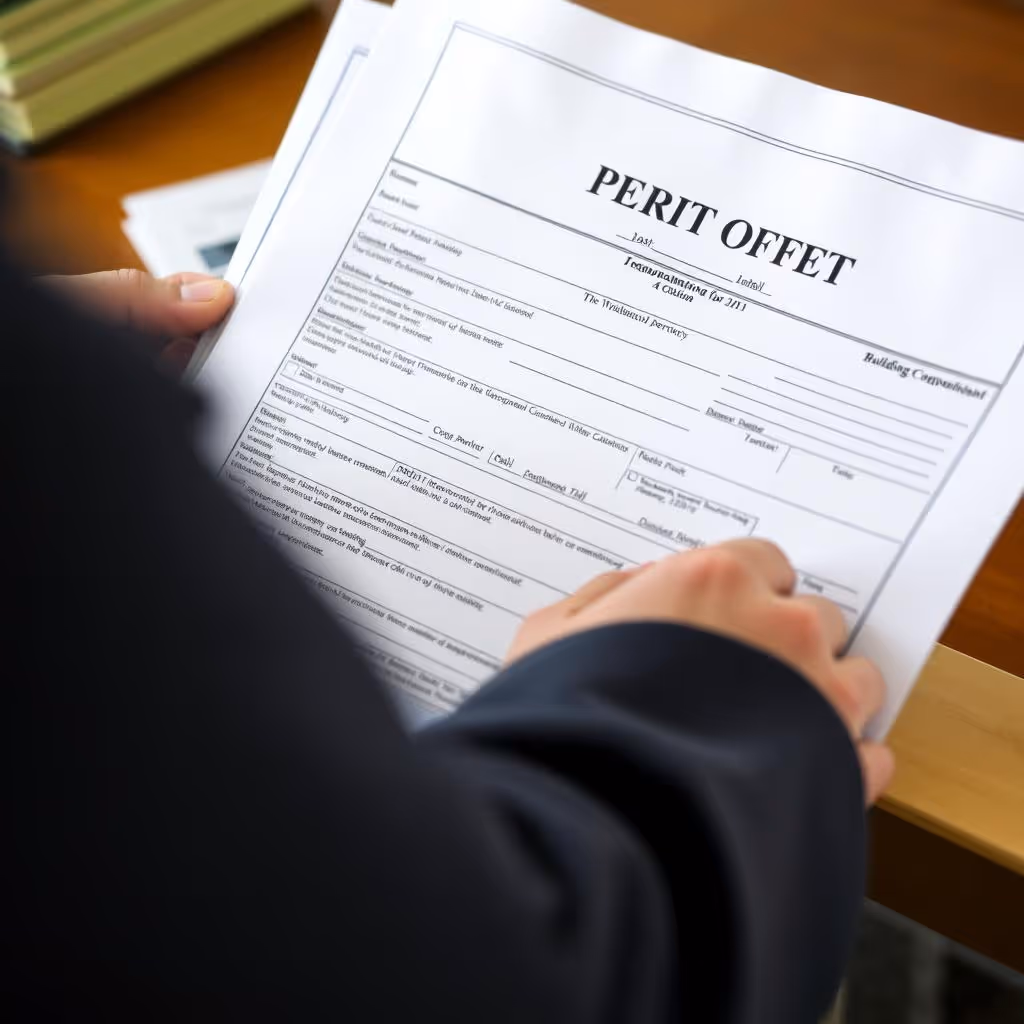 Person holding and reading a detailed form or document titled Perit Offet at a wooden desk.