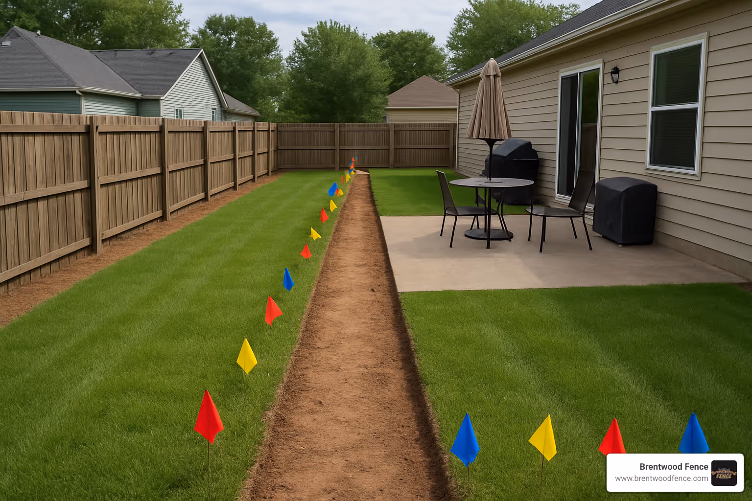 Yard properly marked and prepared for fence installation with utility flags and cleared work areas - fence installation services