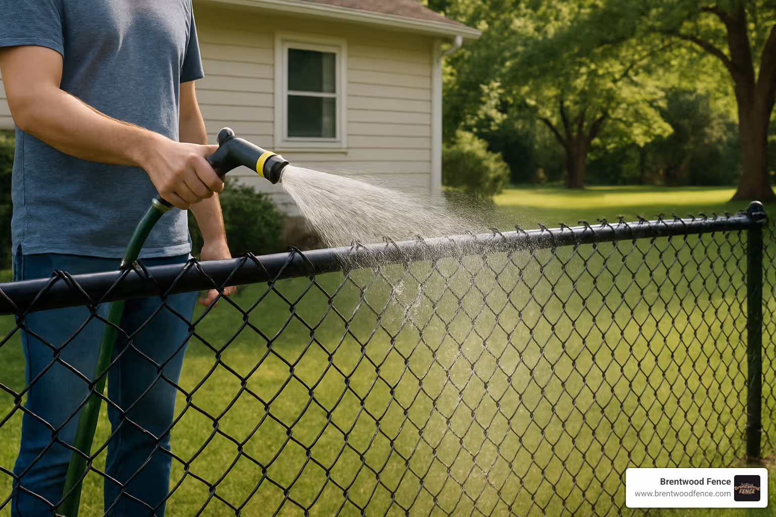 Person rinsing a vinyl-coated chain link fence with a garden hose - chain link fence materials