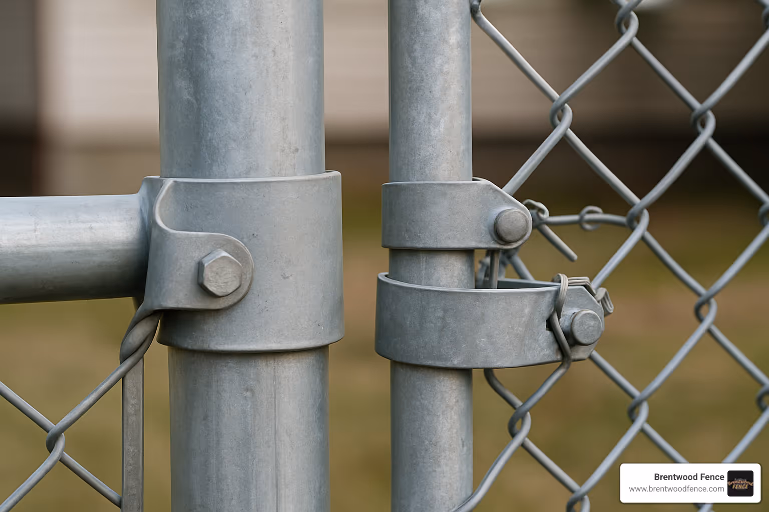 Close-up of chain link fence hardware components - chain link fence materials