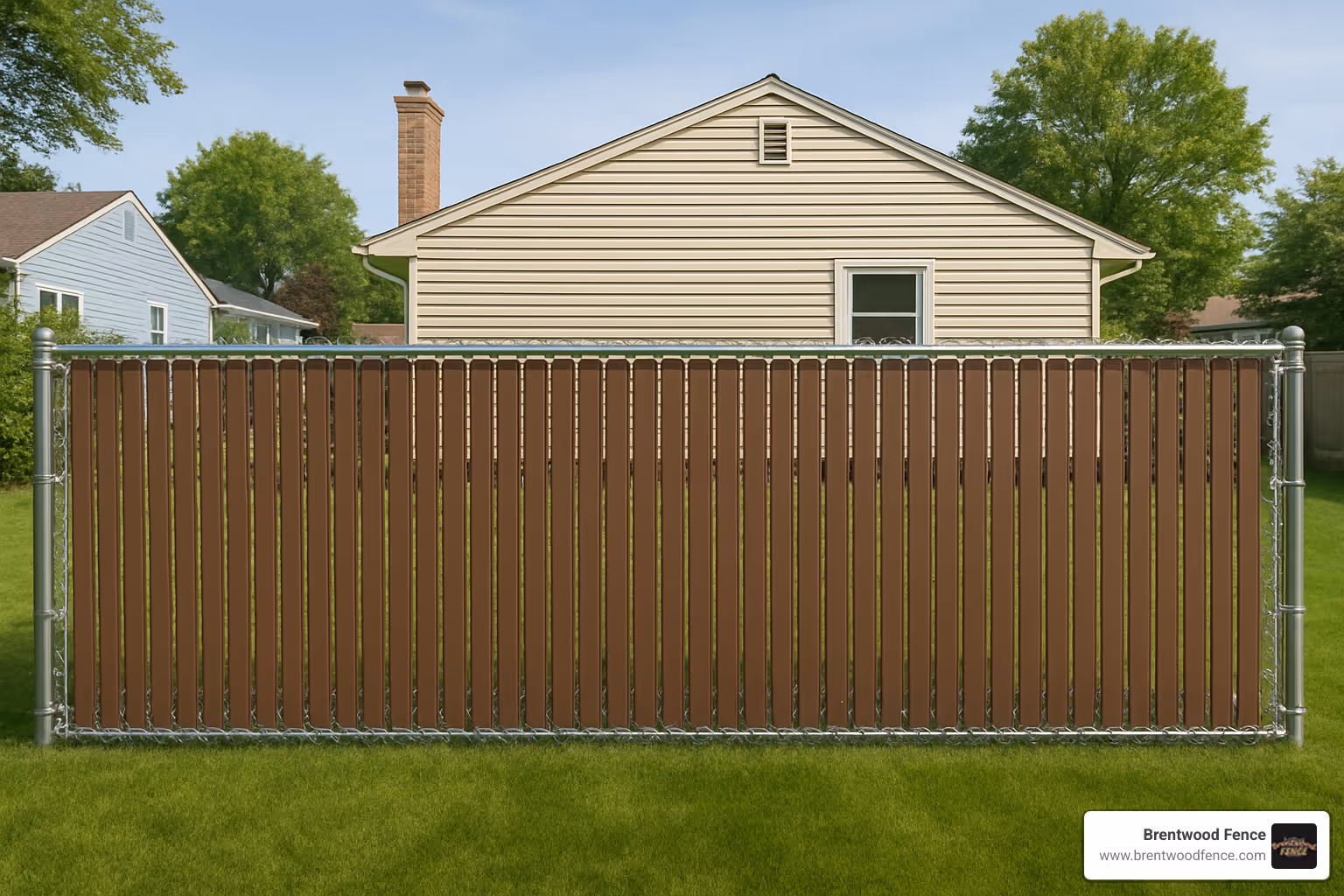 Chain link fence with privacy slats installed in a residential backyard - chain link fence materials