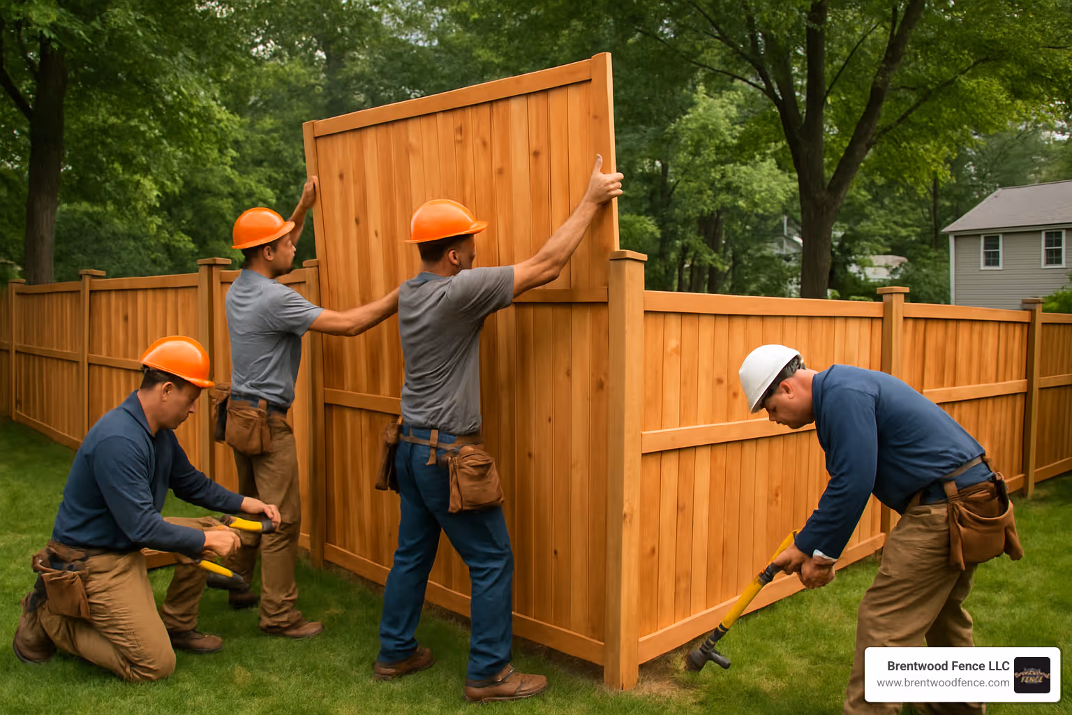 professional fence crew installing cedar fence panels - fencing companies in massachusetts