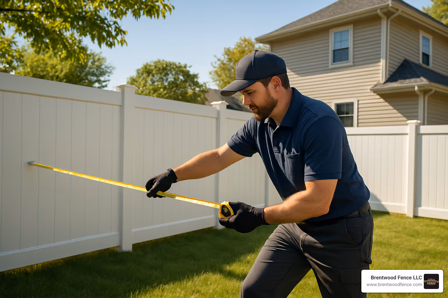 fence installer measuring a yard for installation - local vinyl fence installers