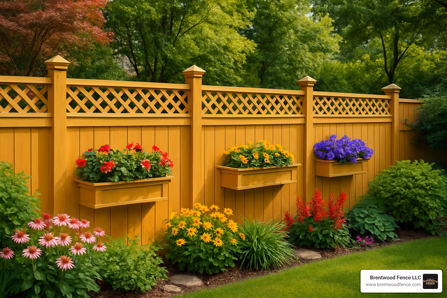 Beautifully painted garden fence with decorative elements - privacy fence ideas Beautifully painted garden fence with decorative elements - privacy fence ideas