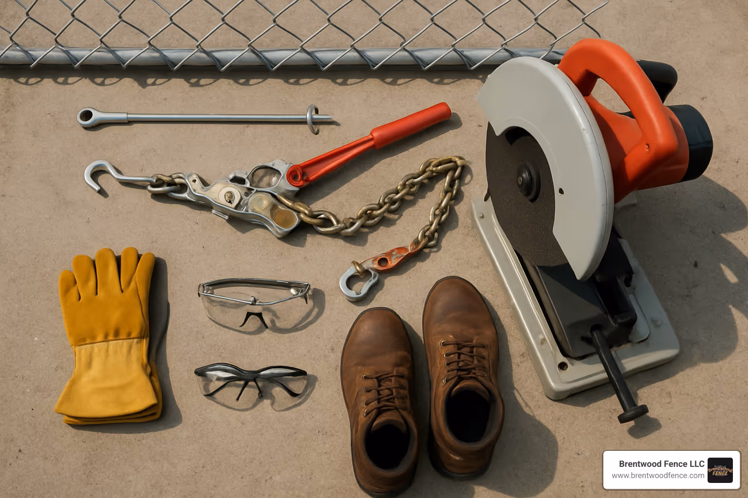 Tools and materials laid out for truss rod installation including speed wrench, come-along, chop saw, and safety equipment - truss rod chain link fence Tools and materials laid out for truss rod installation including speed wrench, come-along, chop saw, and safety equipment - truss rod chain link fence