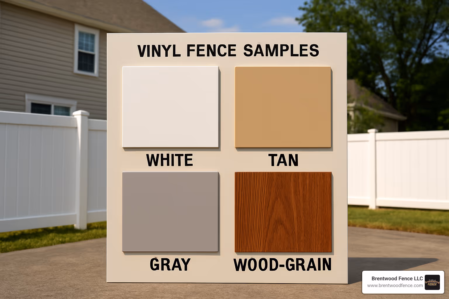Color swatch board showing popular vinyl fence colors including white, tan, gray, and wood-grain options - vinyl fence installers Color swatch board showing popular vinyl fence colors including white, tan, gray, and wood-grain options - vinyl fence installers