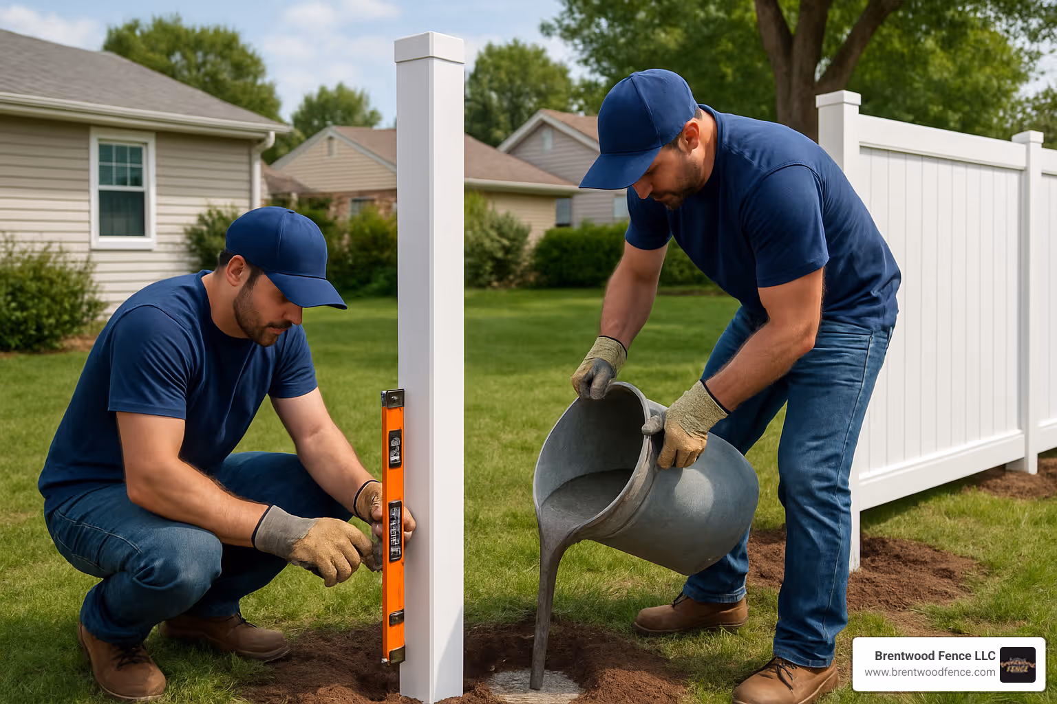 Professional installers setting fence posts with proper depth and concrete placement - vinyl fence installers Professional installers setting fence posts with proper depth and concrete placement - vinyl fence installers