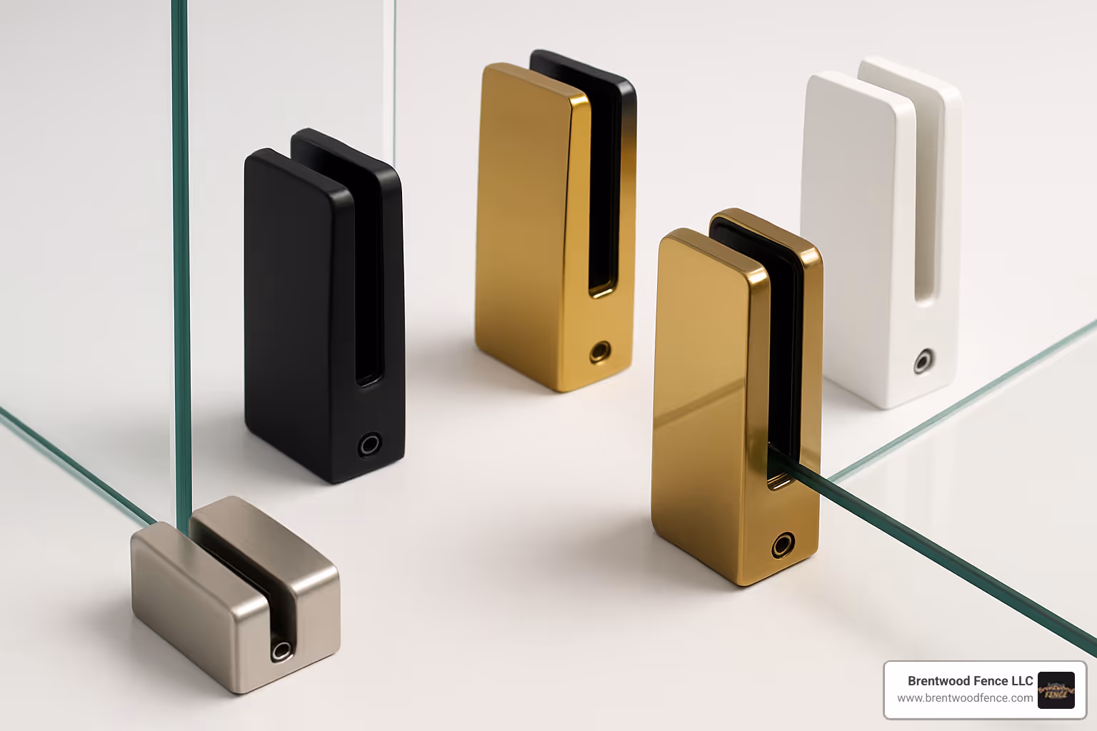 Various finishes and materials for frameless glass fence clamps including brushed stainless steel, powder coated aluminum, and PVD coatings - frameless glass fence clamps Various finishes and materials for frameless glass fence clamps including brushed stainless steel, powder coated aluminum, and PVD coatings - frameless glass fence clamps