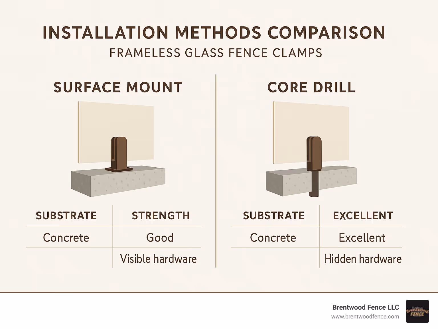 Installation methods comparison showing surface mount vs core drill techniques for frameless glass fence clamps - frameless glass fence clamps infographic Installation methods comparison showing surface mount vs core drill techniques for frameless glass fence clamps - frameless glass fence clamps infographic