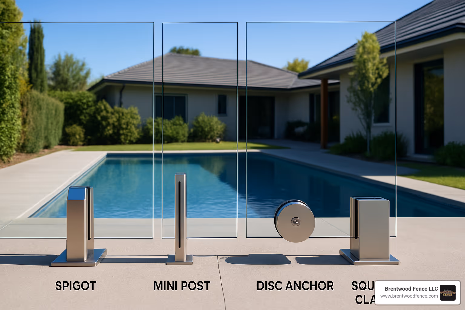 Different types of frameless glass fence clamps including spigots, mini posts, disc anchors, and square clamps - frameless glass fence clamps Different types of frameless glass fence clamps including spigots, mini posts, disc anchors, and square clamps - frameless glass fence clamps