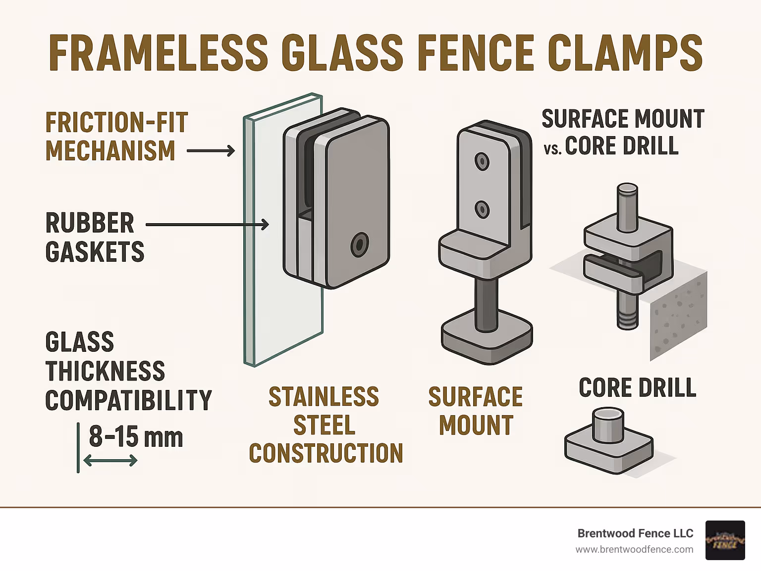 Infographic showing anatomy of frameless glass fence clamps including friction-fit mechanism, rubber gaskets, stainless steel construction, surface mount vs core drill options, and glass thickness compatibility from 8-15mm - frameless glass fence clamps infographic Infographic showing anatomy of frameless glass fence clamps including friction-fit mechanism, rubber gaskets, stainless steel construction, surface mount vs core drill options, and glass thickness compatibility from 8-15mm - frameless glass fence clamps infographic