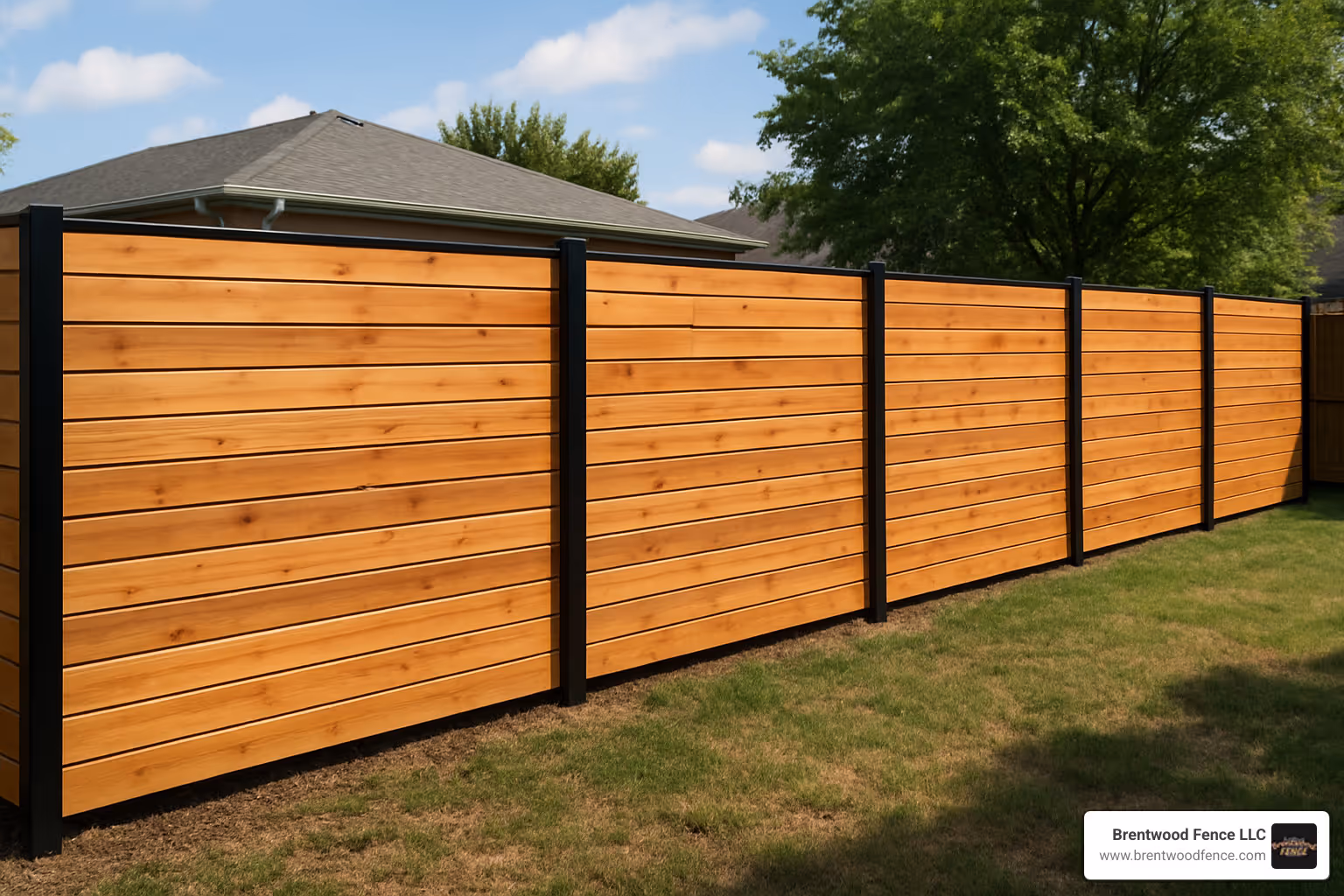 horizontal cedar fence with black metal posts - yard privacy fencing options