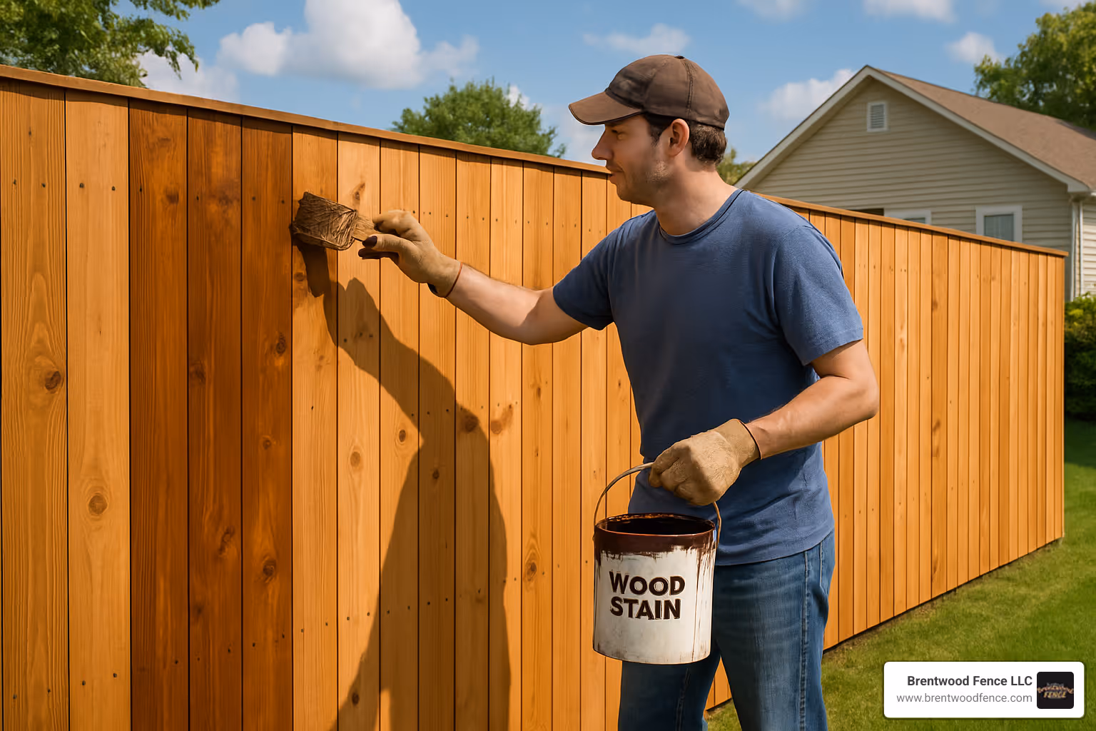 homeowner staining cedar fence - yard privacy fencing options