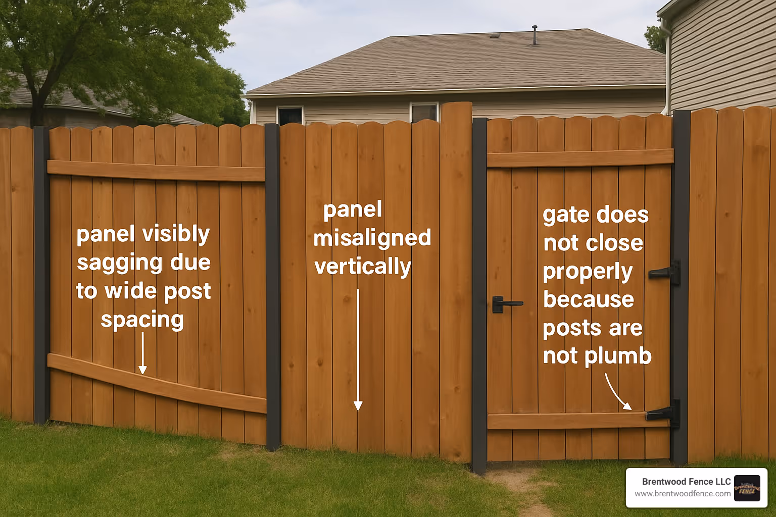 misaligned fence installation showing common errors - installing wood fence panels with metal posts