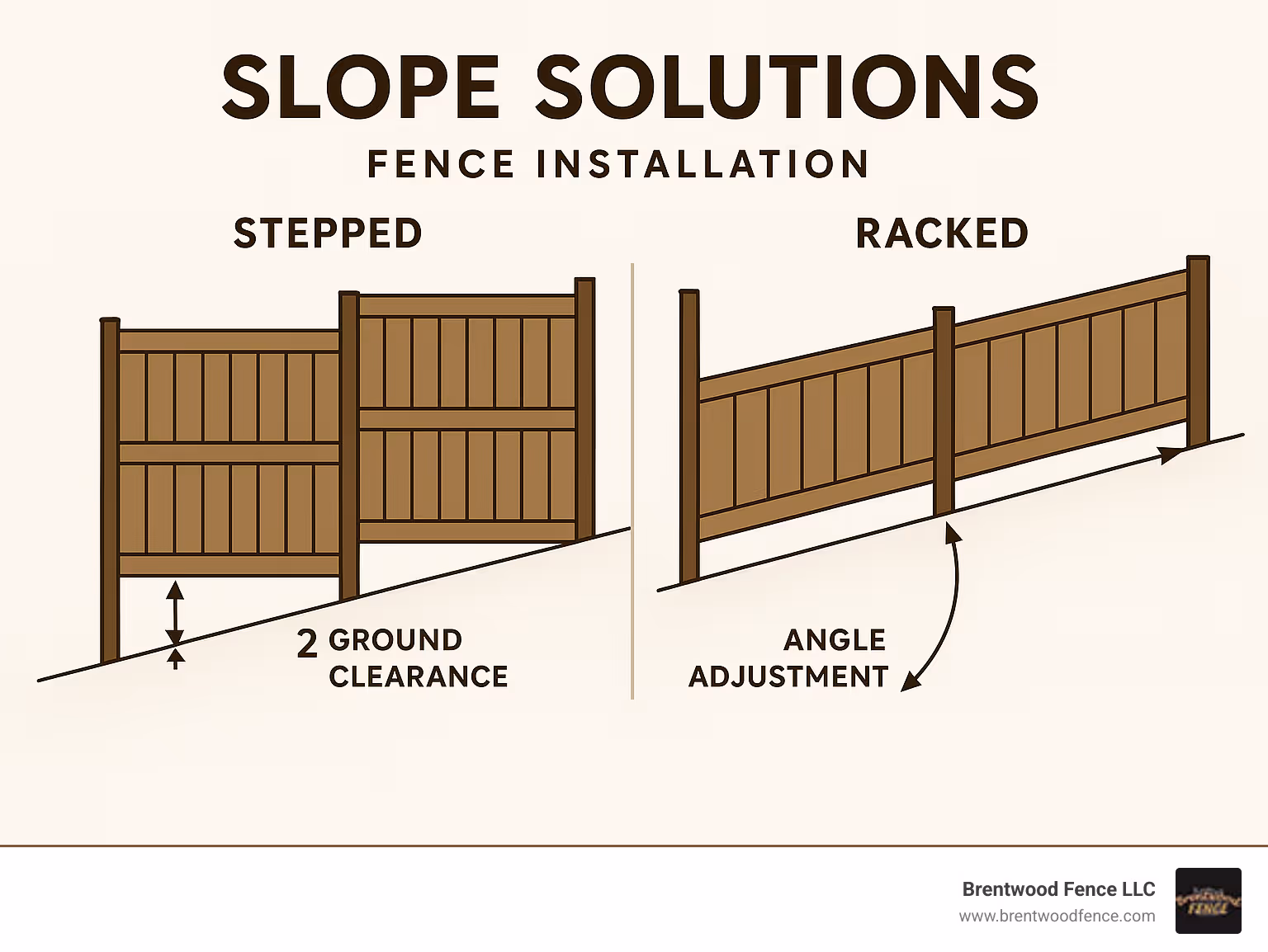 Infographic showing slope solutions for fence installation, comparing stepped vs racked panels, with measurements for ground clearance and angle adjustments - installing wood fence panels with metal posts infographic 