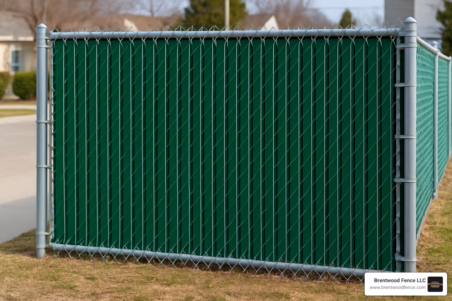 chain link fence with green privacy slats - metal chain link fence
