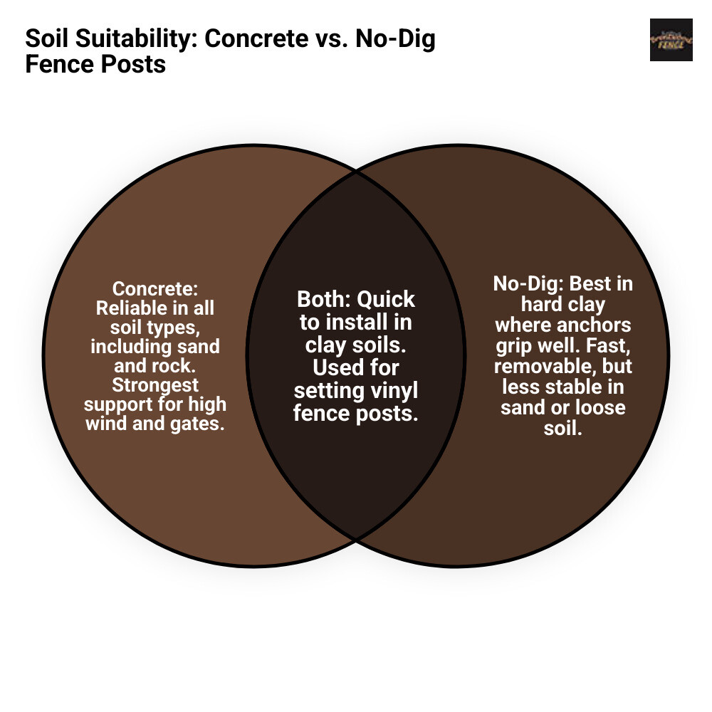 Soil type suitability chart showing concrete vs no-dig performance in different soil conditions - putting concrete in vinyl fence posts infographic venn_diagram