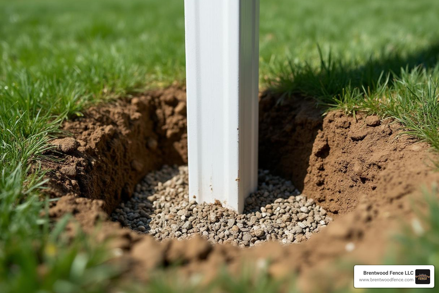 Post hole with gravel base and vinyl post ready for concrete - putting concrete in vinyl fence posts