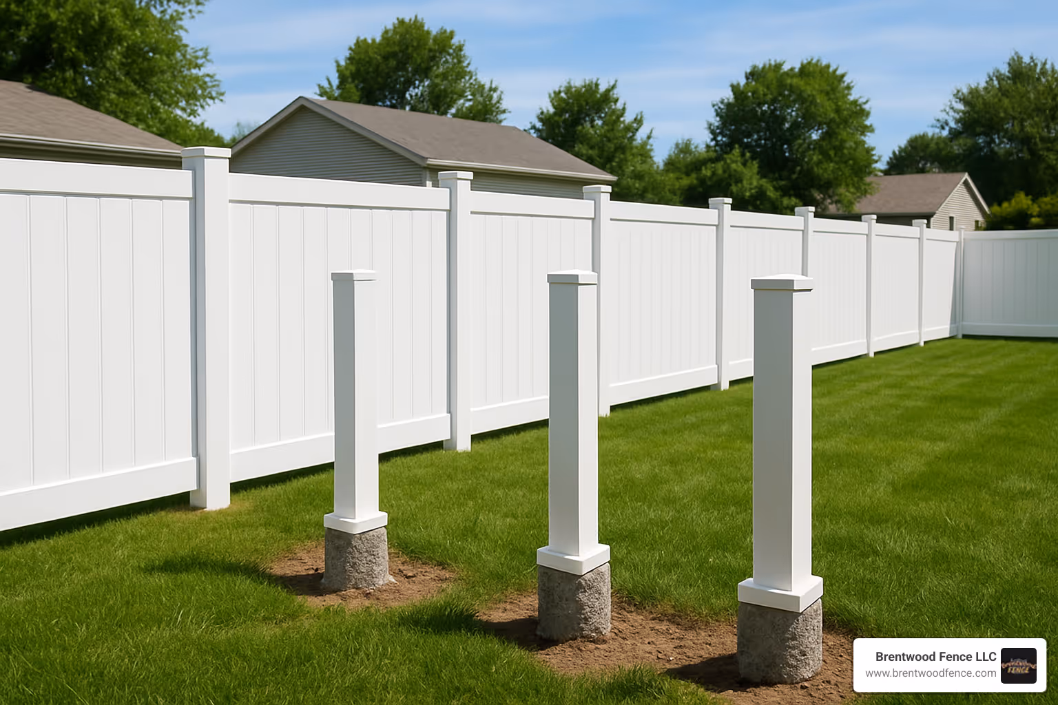 Completed vinyl fence installation with properly set concrete footings - putting concrete in vinyl fence posts