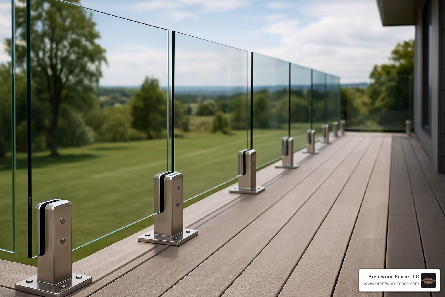 Professional spigot mounting system showing 12mm tempered glass panels secured to deck posts with stainless steel hardware - glass fencing for decks