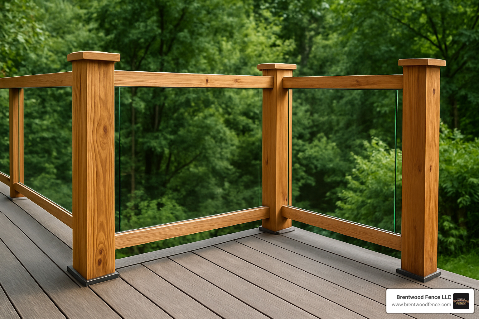 Beautiful wood and glass railing combining natural cedar posts with clear tempered glass panels - glass fencing for decks