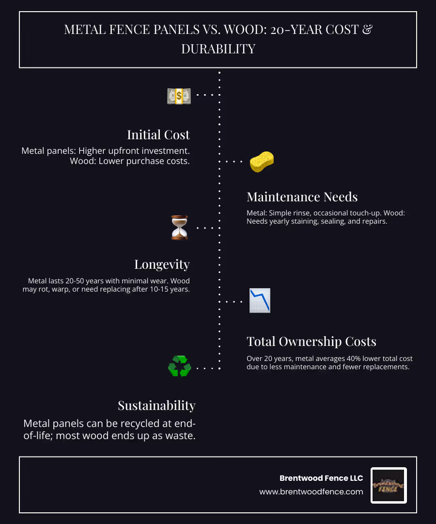 Infographic showing metal fence panel lifecycle costs compared to wood fencing over 20 years, including initial investment, maintenance expenses, replacement costs, and total ownership expenses with metal panels showing 40% lower lifetime costs - metal fence panels infographic infographic-line-5-steps-dark Infographic showing metal fence panel lifecycle costs compared to wood fencing over 20 years, including initial investment, maintenance expenses, replacement costs, and total ownership expenses with metal panels showing 40% lower lifetime costs - metal fence panels infographic infographic-line-5-steps-dark