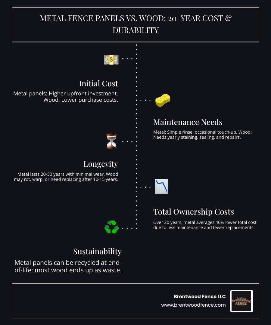 Infographic showing metal fence panel lifecycle costs compared to wood fencing over 20 years, including initial investment, maintenance expenses, replacement costs, and total ownership expenses with metal panels showing 40% lower lifetime costs - metal fence panels infographic infographic-line-5-steps-dark