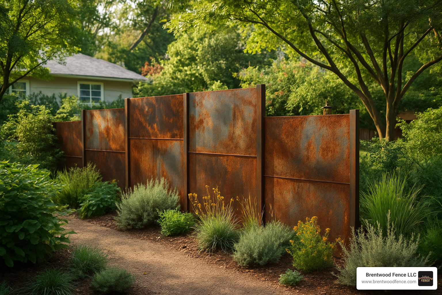 Reclaimed metal fence project showing weathered steel panels repurposed as decorative garden screening - metal fence panels