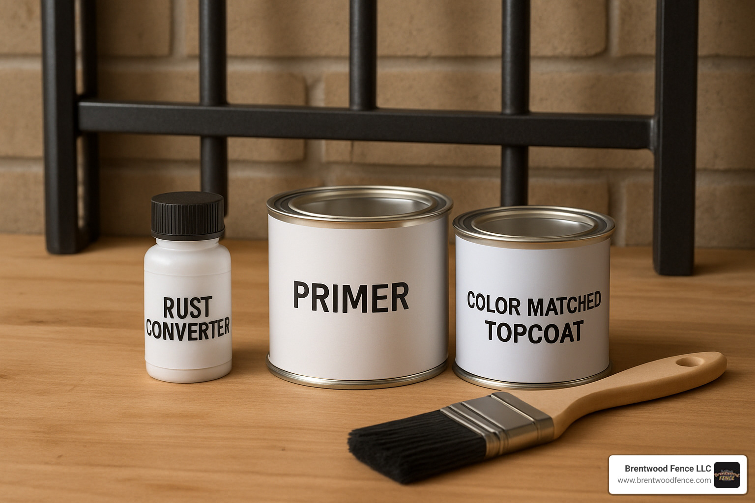 Touch-up paint kit with rust converter, primer, and color-matched topcoat for metal fence panel maintenance - metal fence panels