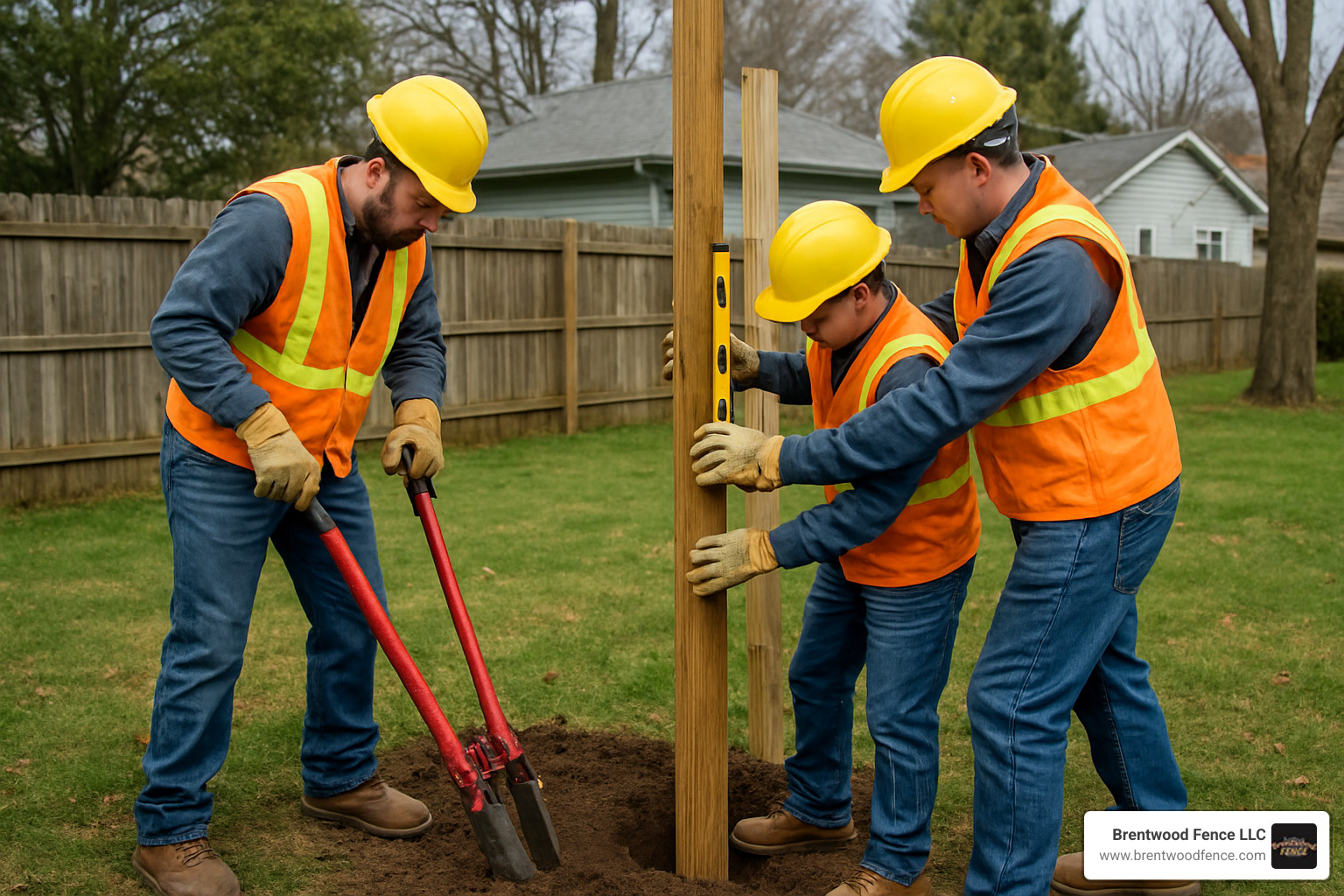 Professional fence repair crew setting new post with proper equipment and safety gear - fence repair company