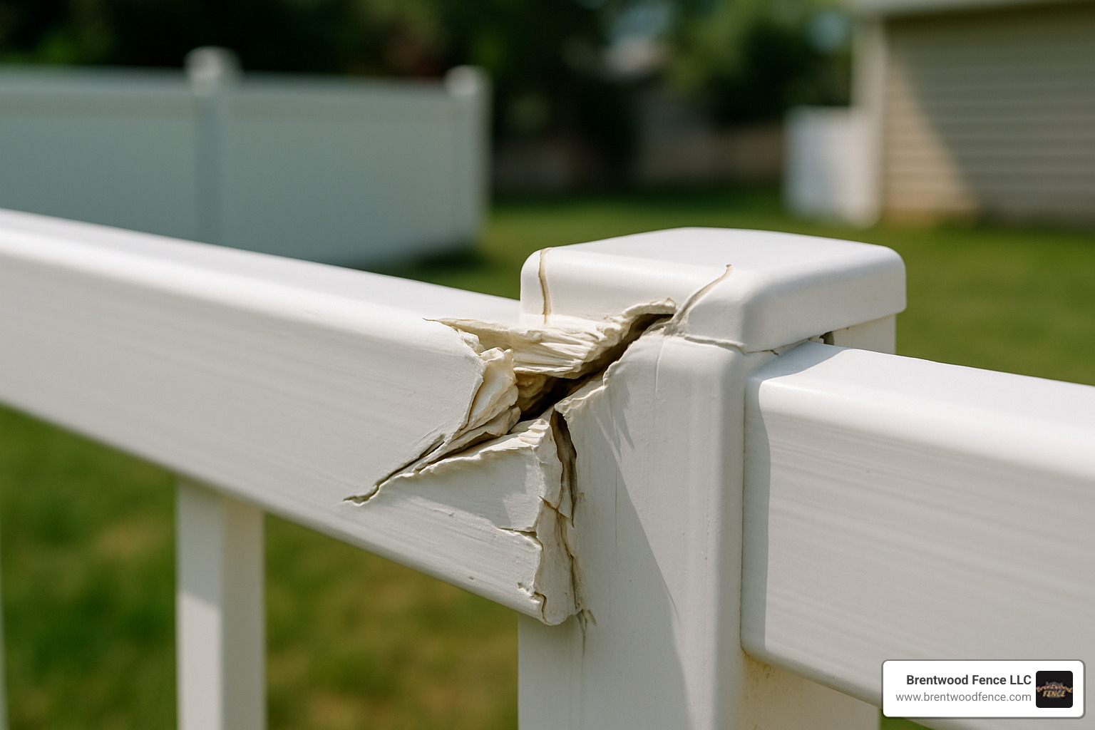 cracked vinyl rail showing structural damage - fence repair company