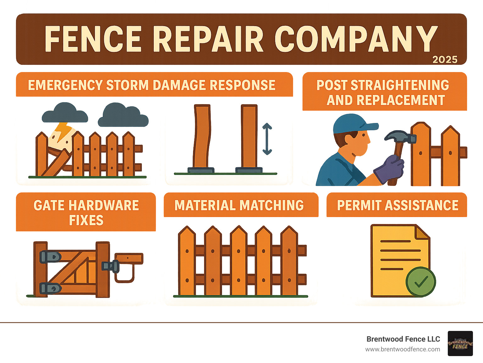 Detailed breakdown of fence repair services including emergency storm damage response, post straightening and replacement, picket and panel repairs, gate hardware fixes, material matching for seamless repairs, and permit assistance for code compliance - fence repair company infographic 