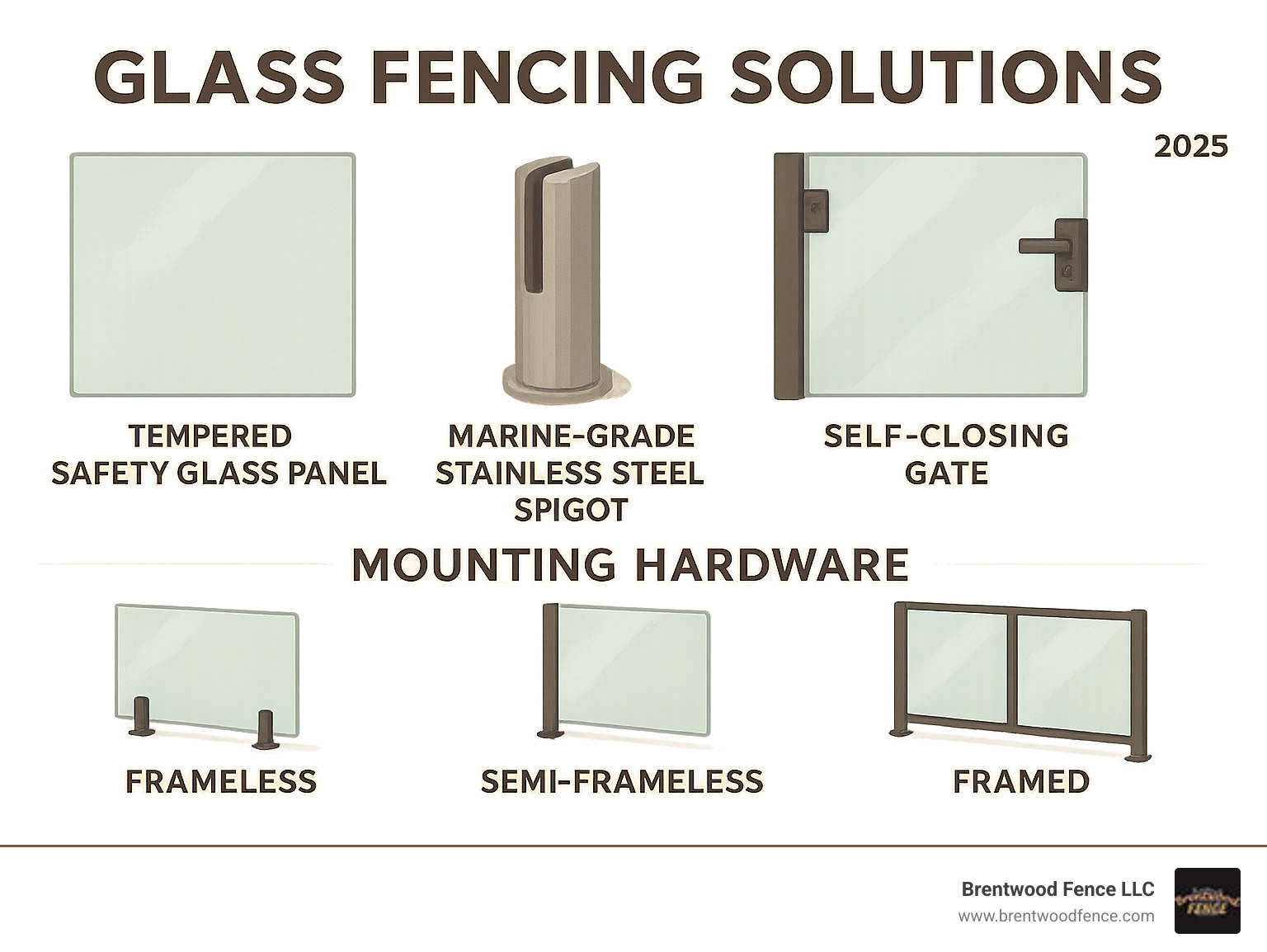 Comprehensive breakdown of glass fencing system components including tempered safety glass panels, marine-grade stainless steel spigots, self-closing gate mechanisms, and mounting hardware options for frameless, semi-frameless, and framed installations - glass fencing solutions infographic 