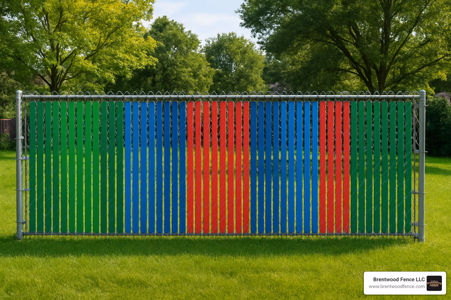 chain link fence with colorful privacy slats - chain link fencing