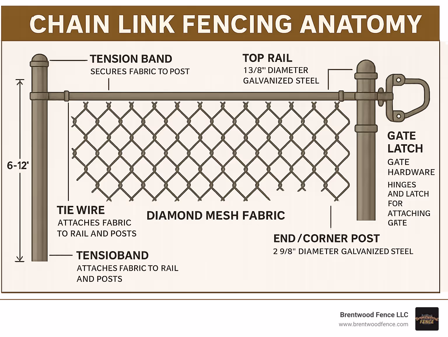 Detailed infographic showing chain link fence anatomy including diamond mesh fabric, galvanized steel posts, top rails, tension bands, tie wires, and gate hardware components with measurements and specifications - chain link fencing infographic 