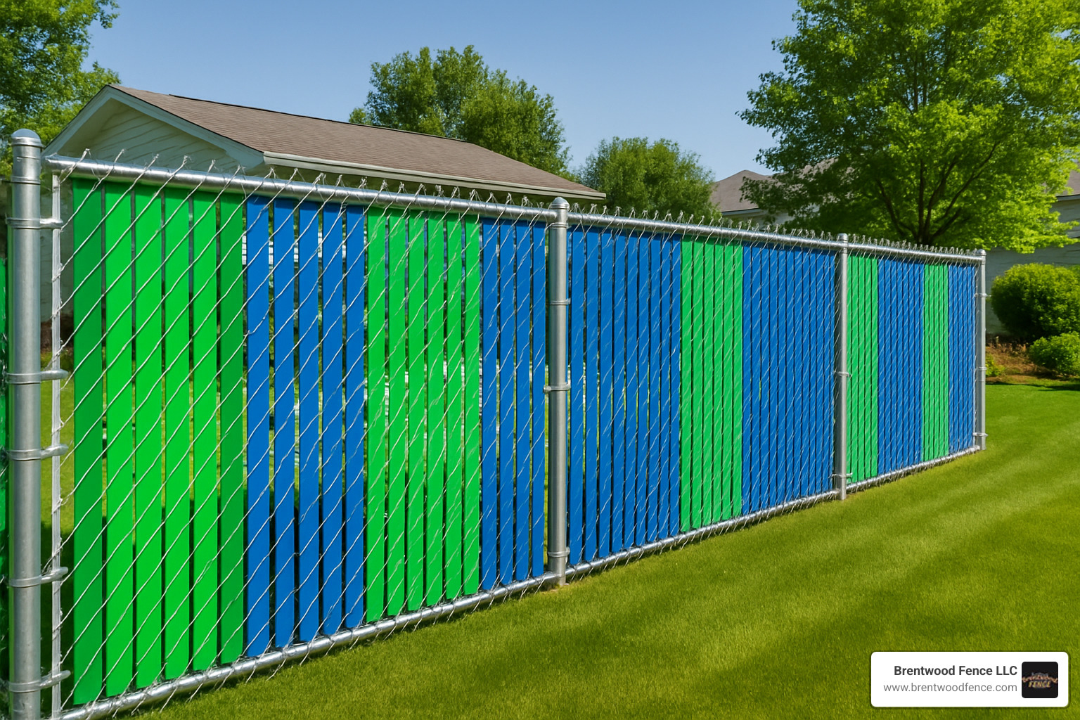 A perfectly clean chain link fence adorned with vibrant privacy slats, sparkling under the sun, showcasing its aesthetic appeal and low-maintenance qualities. - best privacy slats for chain link fence