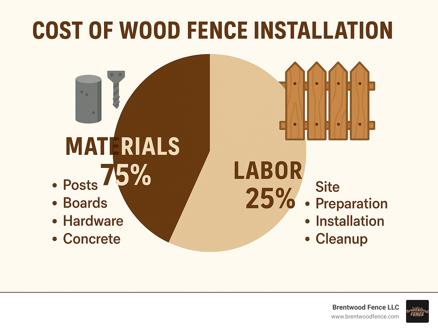Infographic showing wood fence installation cost breakdown with 75% materials including posts, boards, hardware, and concrete, and 25% labor including site preparation, installation, and cleanup - cost of wood fence installation infographic 