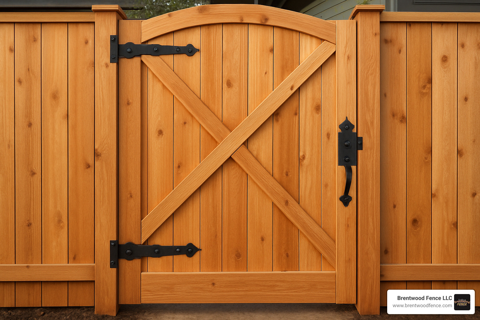 decorative wood gate with black hardware - cost of wood fence installation