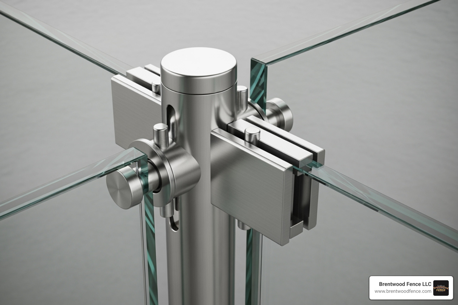 Detailed view of a frameless glass fence spigot and panel connection showing hardware components - pool and glass fencing solutions